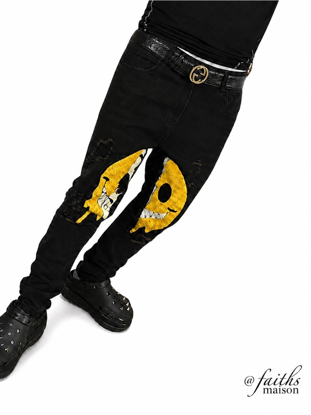 ✧ Yellow dual Split Skull Distressed Stacked Jeans ✧